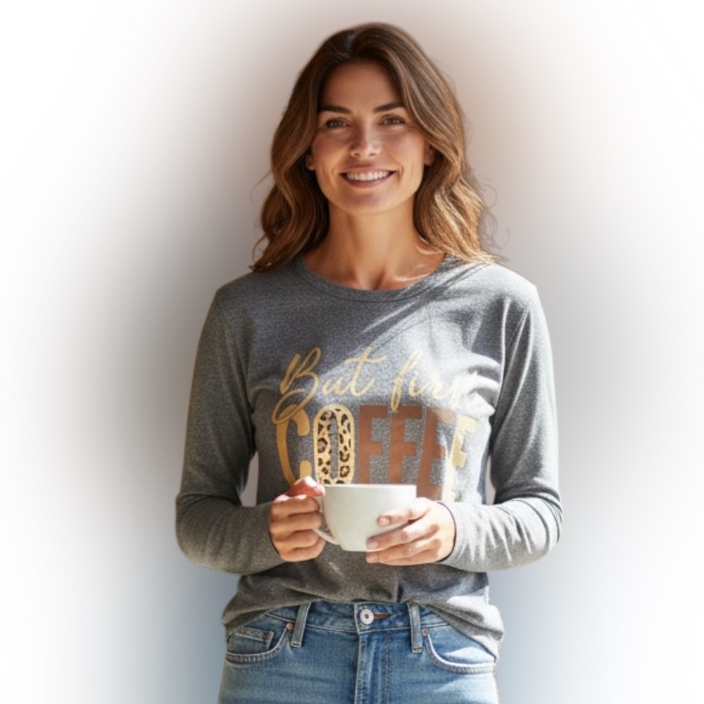 Women's Gray Long Sleeve Coffee Graphic Tee